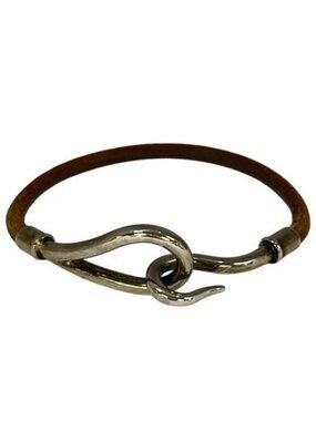 HERMES Jumbo Dark Brown Silver Leather Hardware Bracelet